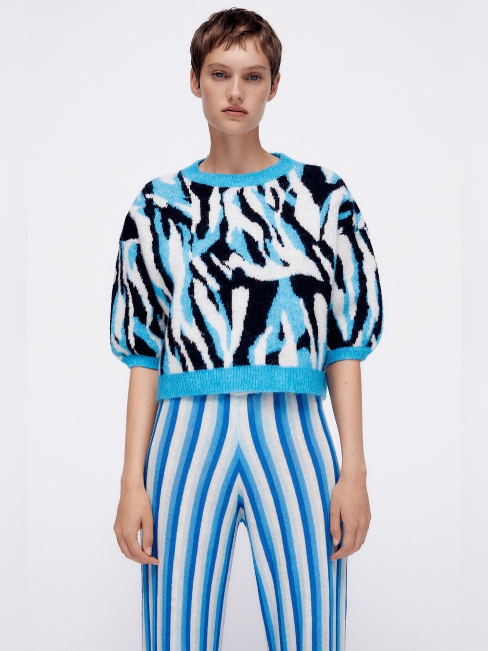 Zara Jacquard Animal Print Sweater Blue Black White Size S - Picture 3 of 11